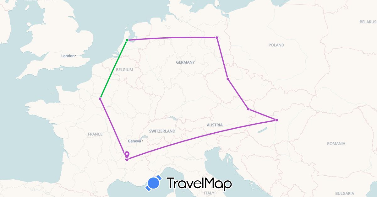 TravelMap itinerary: bus, train in Austria, Czech Republic, Germany, France, Hungary, Netherlands (Europe)